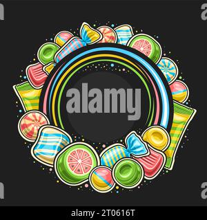Cadre vectoriel pour Candy Shop avec espace de copie vierge pour le texte, panneau décoratif avec illustration de bonbons durs multicolores dans le paquet d'aluminium, var Illustration de Vecteur