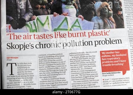 'L'air a le goût de plastique brûlé' Skope 's chronique pollution problem' journal Guardian titre Macédoine article 21 septembre 2023 Londres Royaume-Uni Banque D'Images