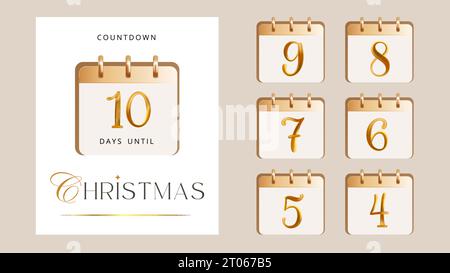 3d Gold élégant jours calendaires avant Noël, modèle de compte à rebours de vacances rendu réaliste icône premium luxe nouvel an affiche vectorielle Illustration de Vecteur