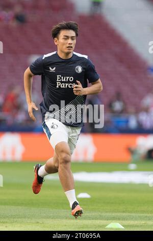 MADRID, ESPAGNE - 4 octobre : Ayase Ueda de Feyenoord lors du match de l'UEFA CHAMPIONS LEAGUE 2023/24 entre l'Atletico de Madrid et Feyenord au stade Civitas Metropolitano. Crédit : Guille Martinez/AFLO/Alamy Live News Banque D'Images