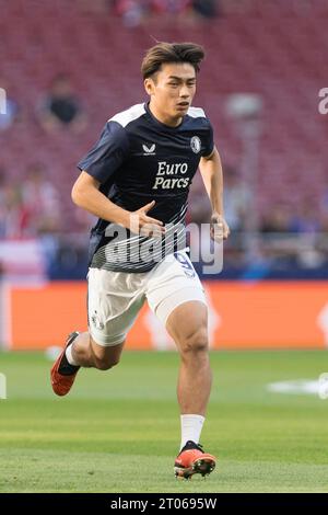 MADRID, ESPAGNE - 4 octobre : Ayase Ueda de Feyenoord lors du match de l'UEFA CHAMPIONS LEAGUE 2023/24 entre l'Atletico de Madrid et Feyenord au stade Civitas Metropolitano. Crédit : Guille Martinez/AFLO/Alamy Live News Banque D'Images