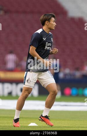 MADRID, ESPAGNE - 4 octobre : Ayase Ueda de Feyenoord lors du match de l'UEFA CHAMPIONS LEAGUE 2023/24 entre l'Atletico de Madrid et Feyenord au stade Civitas Metropolitano. Crédit : Guille Martinez/AFLO/Alamy Live News Banque D'Images