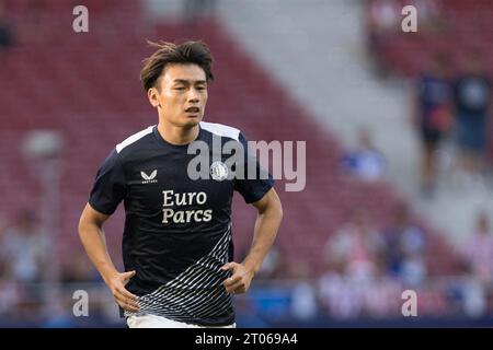 MADRID, ESPAGNE - 4 octobre : Ayase Ueda de Feyenoord lors du match de l'UEFA CHAMPIONS LEAGUE 2023/24 entre l'Atletico de Madrid et Feyenord au stade Civitas Metropolitano. Crédit : Guille Martinez/AFLO/Alamy Live News Banque D'Images