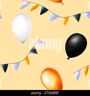 Modèle sans couture aquarelle avec drapeaux de fête et ballons pour l'illustration d'halloween. Carte postale de peinture à la main isolée sur fond blanc. Pour desig Banque D'Images