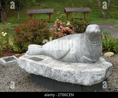 Statue commémorative André le Sceau exposée à Marine Park, Rockport Harbor, Maine Banque D'Images