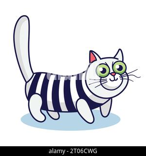 Mignon chat de dessin animé porte des vêtements rayés. Illustration de chaton dessinée à la main. Personnage de chat blanc avec yeux verts et pull rayé. Illustration vectorielle i Illustration de Vecteur