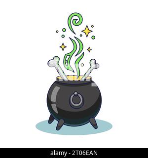 Chaudron magique avec potion magique et os humains. Chaudron de dessin animé mignon. Illustration de chaudron dessinée à la main pour Halloween. Potion magique. Vector illustra Illustration de Vecteur