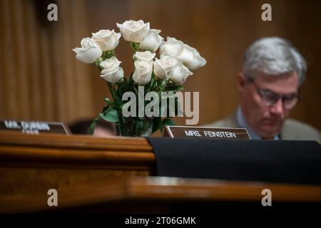 Des fleurs sont placées sur le quai où la sénatrice des États-Unis Dianne Feinstein (démocrate de Californie) siégeait, lors d'une audience de nomination du Comité sénatorial sur la magistrature dans le Dirksen Senate Office Building à Washington, DC, le mercredi 4 octobre 2023. Crédit : Rod Lamkey/CNP/MediaPunch Banque D'Images