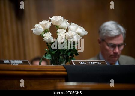 Des fleurs sont placées sur le quai où la sénatrice des États-Unis Dianne Feinstein (démocrate de Californie) siégeait, lors d'une audience de nomination du Comité sénatorial sur la magistrature dans le Dirksen Senate Office Building à Washington, DC, le mercredi 4 octobre 2023. Crédit : Rod Lamkey/CNP/MediaPunch Banque D'Images