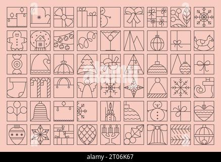 Éléments de Noël de ligne pour carte, bannière, arrière-plan. Icônes vectorielles de contour simple. Illustration de Vecteur