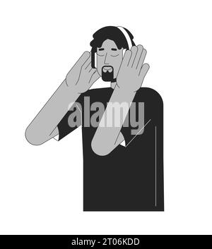 Dreadlocks heureux casque homme afro-américain noir et blanc personnage de dessin animé de ligne 2D. Illustration de Vecteur