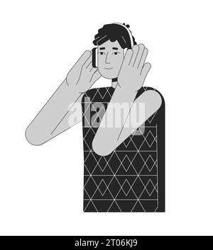 Casque hispanique Guy noir et blanc personnage de dessin animé de ligne 2D. Illustration de Vecteur