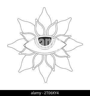 Objet de dessin animé de ligne 2D de fleur de globe oculaire ésotérique noir et blanc Illustration de Vecteur