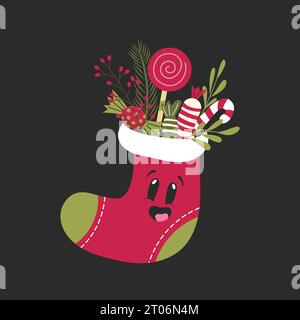 Bas de Noël joyeux et surpris rempli de bonbons. Illustration vectorielle de mascotte dessinée à la main. Illustration de Vecteur