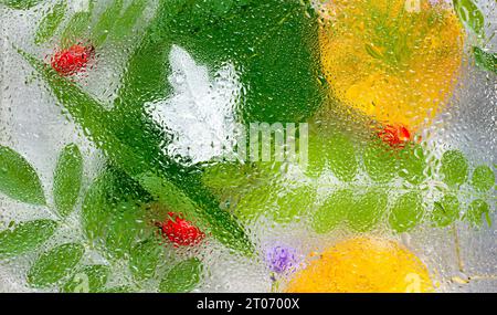 Fond lumineux d'automne. feuilles jaunes et vertes d'automne, hanches roses sur texture de verre pluvieux, fond naturel abstrait. concept de saison d'automne. pluvieux Banque D'Images