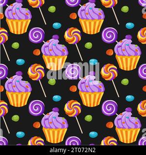 Modèle sans couture avec des bonbons colorés et cupcakes sur un fond noir. Fond avec de la nourriture sucrée. Décor pour la célébration d'Halloween. Pour le papier peint, Illustration de Vecteur