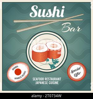 Bar à sushi aux fruits de mer, restaurant de cuisine japonaise, affiche rétro avec rouleaux de poisson et baguettes Illustration de Vecteur