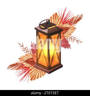 Lanterne lampe vintage aquarelle avec bougie et fleurs, feuilles. Illustration dessinée à la main isolée sur fond blanc. Parfait pour carte ou modèle Banque D'Images