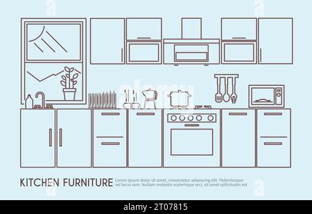 Mobilier de cuisine moderne design intérieur avec ustensiles et décor esquisse illustration vectorielle Illustration de Vecteur