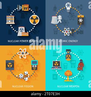 Fission nucléaire dans la production d'énergie atomique 4 icônes plates composition carrée bannière abstraite illustration vectorielle isolée Illustration de Vecteur