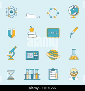Recherche scientifique bourse et étude symboles et dispositifs couleur ligne plate icône ensemble isolé illustration vectorielle Illustration de Vecteur