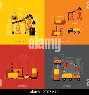 Ensemble de concepts de l'industrie pétrolière avec extraction transport raffinage ravitaillement à plat icônes illustration vectorielle isolée Illustration de Vecteur