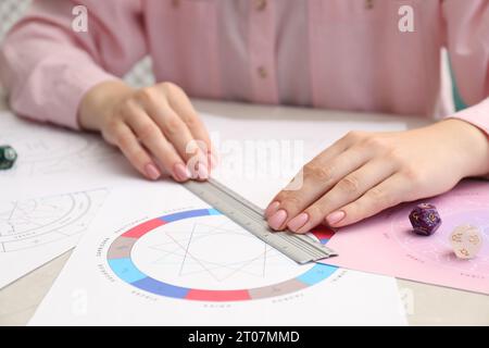 Astrologue utilisant la roue du zodiaque pour la prévision de destin à table, closeup. Dire la fortune Banque D'Images