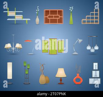 Ensemble d'éléments intérieurs avec lampes de bibliothèque et illustration vectorielle isolée de vases Illustration de Vecteur