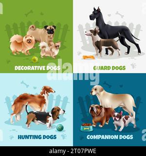 Quatre carrés chien races design Icon Set avec garde décorative chasse chien compagnon descriptions illustration vectorielle Illustration de Vecteur