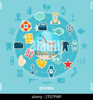 Composition ronde de plongée sur fond bleu avec icônes avec équipement de plongée, bouée de sauvetage et illustration du vecteur de la faune sous-marine Illustration de Vecteur