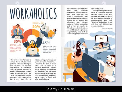 Mise en page du magazine workaholic avec symboles de travail de bureau infographies illustration vectorielle plate Illustration de Vecteur