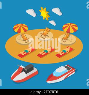 Petits bateaux près de la plage avec des personnes pendant le bain de soleil composition isométrique sur fond bleu illustration vectorielle Illustration de Vecteur