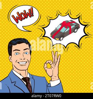 Nouvelle voiture comme cadeau, composition sur fond jaune texturé avec homme heureux, bulles, illustration vectorielle de style comique Illustration de Vecteur