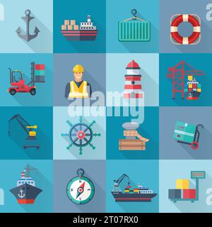 Icônes plates de port de mer ensemble avec conteneur d'ancrage navire ceinture de vie illustration vectorielle isolée Illustration de Vecteur