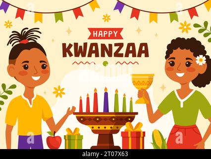 Joyeux Kwanzaa Vector Illustration avec Mazao, Zawadi, Mkeka, Kinara, cadeaux, tasse, bougies dans le fond de dessin animé plat traditionnel de symbole africain de vacances Illustration de Vecteur