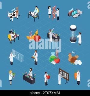 Icônes liées aux OGM ensemble avec des chercheurs menant des expériences scientifiques signes d'adn produits génétiquement modifiés et animaux domestiques vecteur isométrique malade Illustration de Vecteur