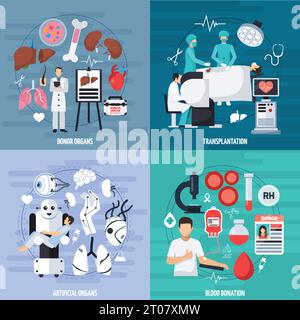 Ensemble de concepts de transplantation 2x2 de donneur et d'organes artificiels composition de don de sang et d'opération de transplantation illustration à vecteur plat Illustration de Vecteur