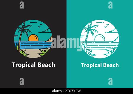 Logo de plage tropicale avec un palmier au coucher du soleil design de style emblème. icône vectorielle de plage d'île Illustration de Vecteur