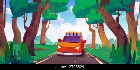 Voiture rouge conduisant le long de la route asphaltée dans la forêt. Paysage de vecteur de bande dessinée de bois avec des arbres verts et route sinueuse avec le véhicule voyageant. Scène d'été naturelle avec autoroute et ciel nuageux bleu. Illustration de Vecteur
