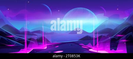 Paysage de planète extraterrestre avec la lumière de néon incandescente des fissures. Illustration de dessin animé vectoriel de fond d'espace futuriste pour la conception d'interface utilisateur de jeu, collines violettes et bleues, monde métaverse, étoiles dans le ciel nocturne Illustration de Vecteur
