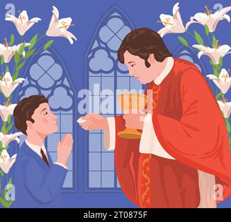 Un garçon en costume bleu pendant la première communion. Le prêtre tient du pain. Illustration vectorielle. Une cérémonie dans la tradition chrétienne, un membre de Illustration de Vecteur