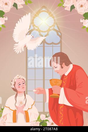 Une fille en robe blanche pendant la première communion. Vector Un prêtre tient du pain, une manifestation de l'esprit Saint sous la forme d'un dov rayonnant blanc Illustration de Vecteur