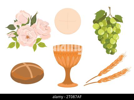 Eléments d'une première communion catholique. Jeu de vecteurs. Bol doré pour le vin, le pain, le vin, les raisins, les roses blanches. Éléments pour une belle conception d'invitation. Illustration de Vecteur