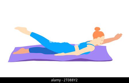 Entraînement en yoga pose de cheveux rad fille européenne en bleu tracksuit sur un tapis violet. Pilates, sport, santé. Femme, femme, femme. Illustration vectorielle dans Illustration de Vecteur