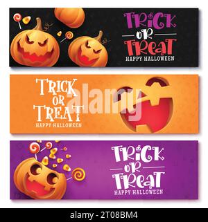 Halloween tags Vector Banner Set design. Truquez ou traitez le texte de salutation avec l'horreur et les éléments effrayants pour la collection de cartes d'invitation de fête d'enfants. Illustration de Vecteur