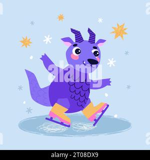 Mignon personnage de mascotte de dessin animé Dragon. Bonne année du Dragon. Patinage Dragon. Illustration de Vecteur