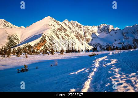 Beau paysage d'hiver dans les montagnes polonaises. Sentier enneigé menant à la vallée de Gasienicowa dans le parc national des Tatras, Pologne. Banque D'Images