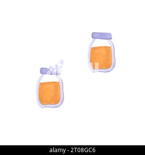 Un ensemble de pots de miel avec des fleurs et des couvercles bleus. Illustration d'aquarelle isolée sur fond blanc. Clipart Banque D'Images