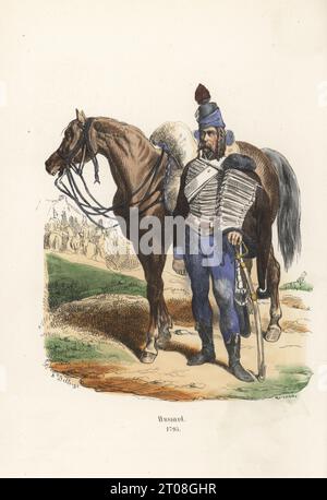 Uniforme d'un Hussar français, 1795. En schako, pelisse de fourrure brune et dolman à froisser, pantalon bleu, bottes, sabrétache, armé de sabre. Uniforme du 13th Hussars Cavalry Regiment. Mouton Shabrack. Hussard. Gravure sur bois colorée à la main par Quichon d’après une illustration d’Hippolyte Bellangé de P.M. Laurent de l’Ardèche, Histoire de Napoléon, Paris, 1840. Banque D'Images