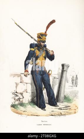 Uniforme des Marines de la Garde Impériale française. Uniforme hussard de shako à plumé, manteau avec froissage et épaulettes or aurore, pantalon avec passepoil, armé de sabre et de mousquet. Marins, Garde Imperiale. Gravure sur bois coloriée par Andrew Best Leloir d’après une illustration d’Hippolyte Bellangé tirée de P.M. Laurent de l’Ardèche, Histoire de Napoléon, Paris, 1840. Banque D'Images